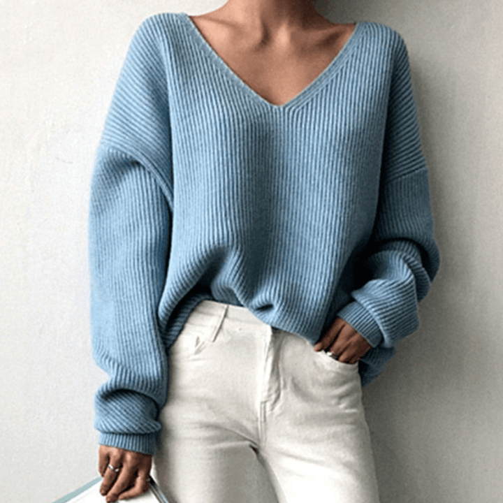 Womens V-Neck Knit Sweater Cozy Fit - BritishMode