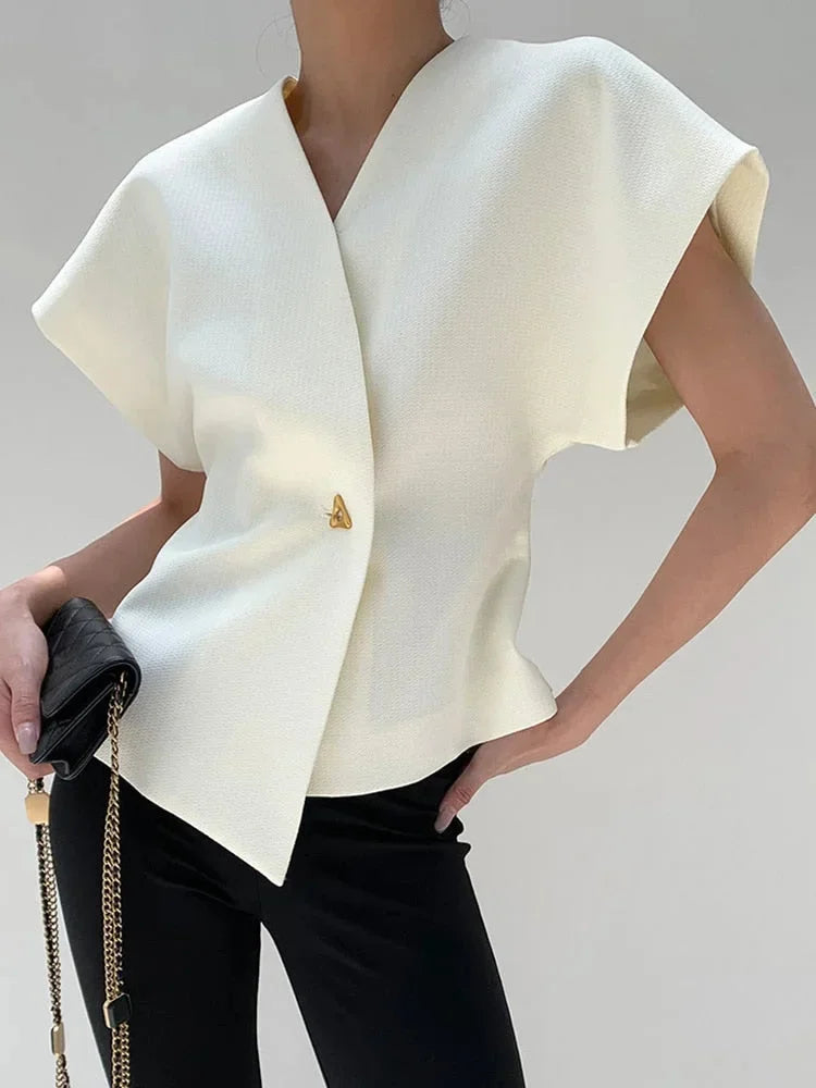 Womens Wrap Blouse with V-Neck and Sculpted Sleeves - BritishMode