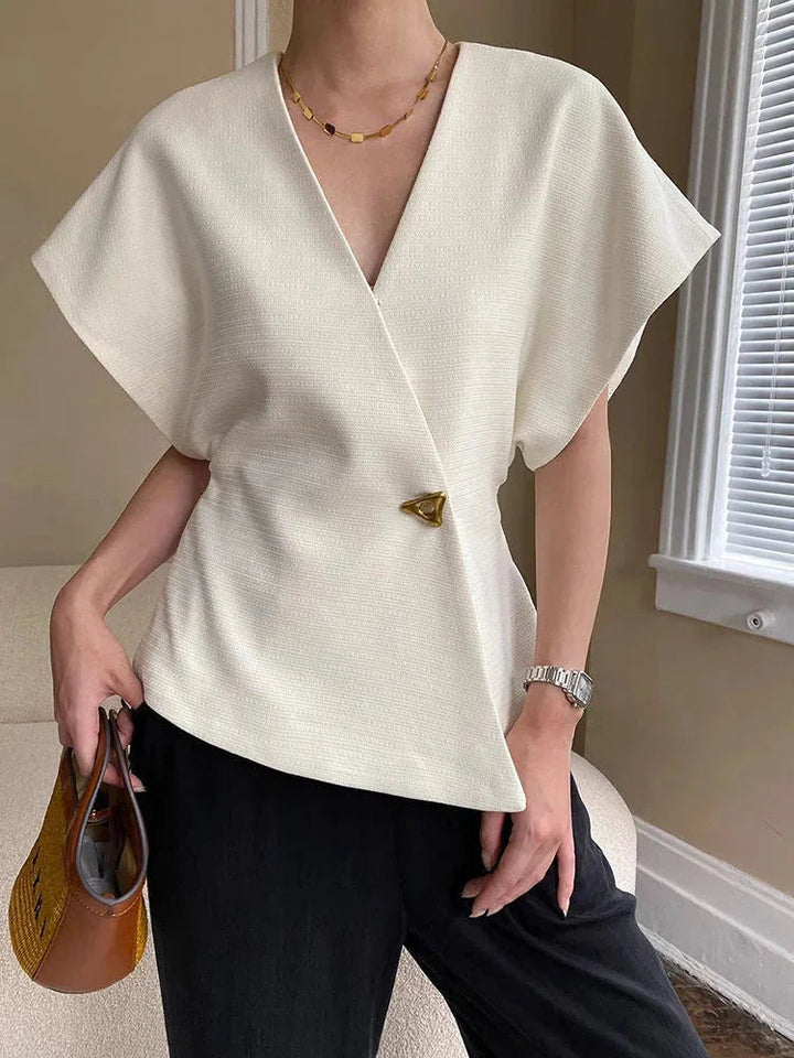 Womens Wrap Blouse with V-Neck and Sculpted Sleeves