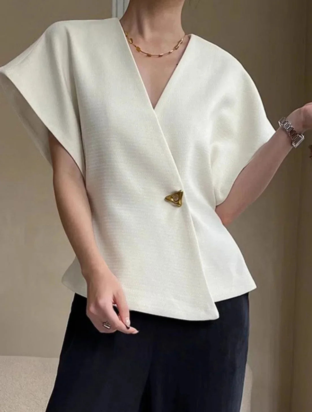 Womens Wrap Blouse with V-Neck and Sculpted Sleeves