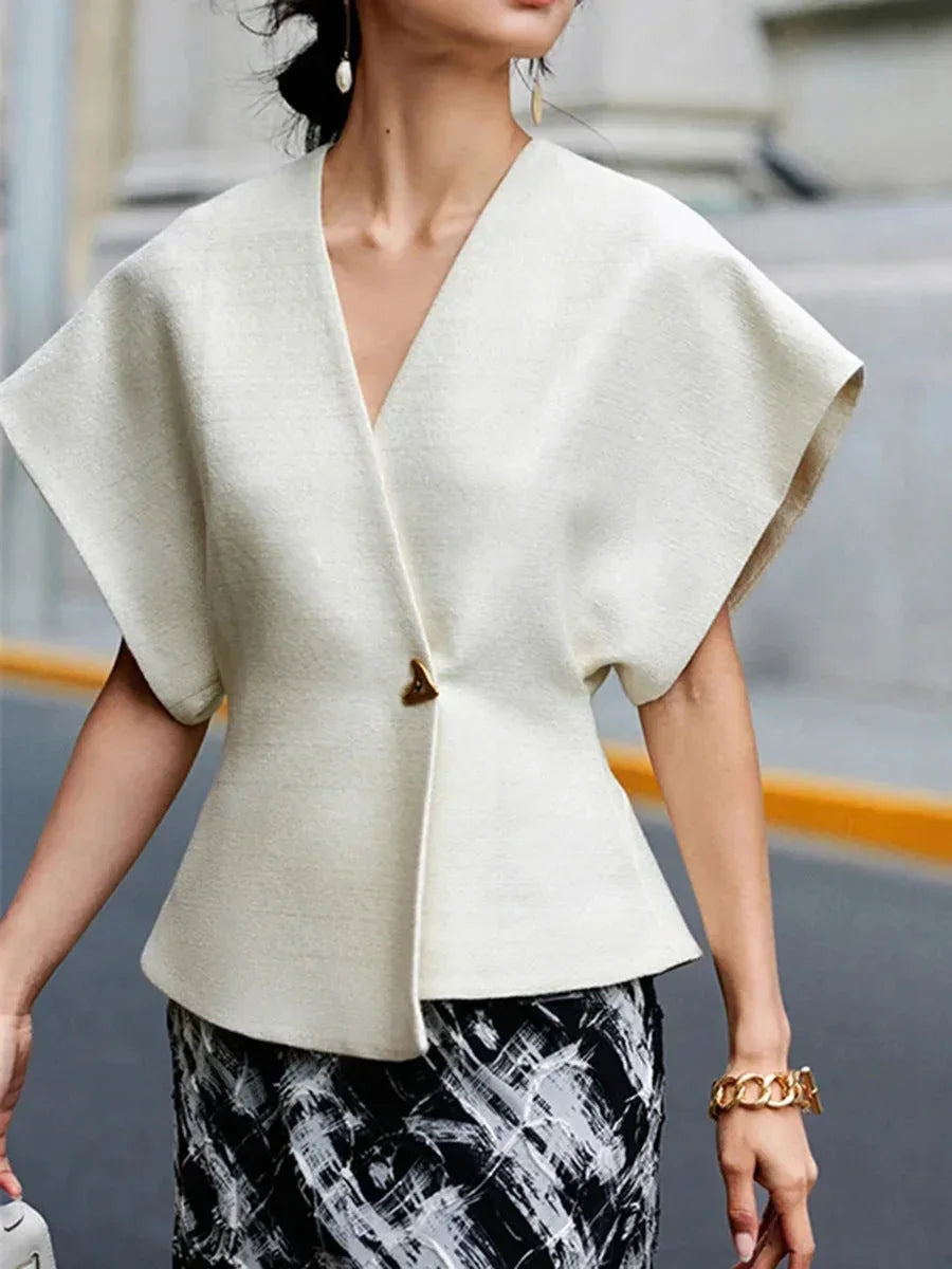 Womens Wrap Blouse with V-Neck and Sculpted Sleeves