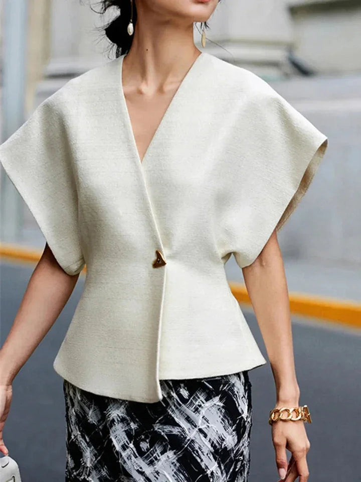 Womens Wrap Blouse with V-Neck and Sculpted Sleeves