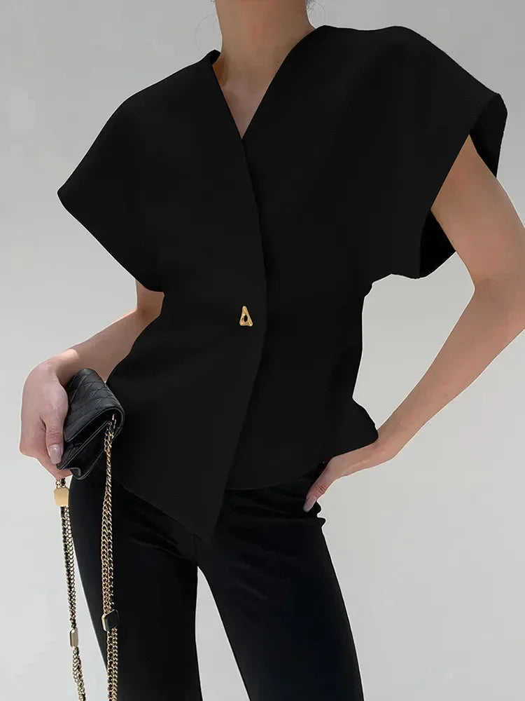Womens Wrap Blouse with V-Neck and Sculpted Sleeves