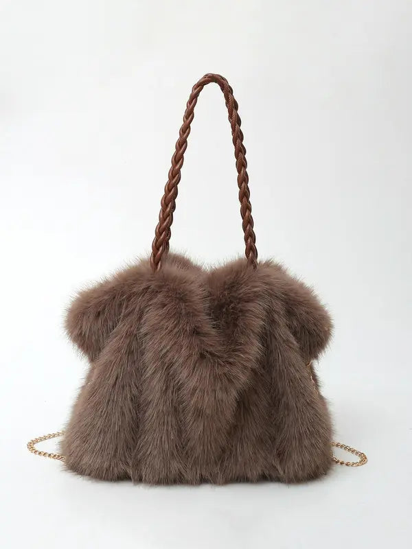 Womens Plush Faux Fur Tote Bag Braided Handle Chain Strap - BritishMode