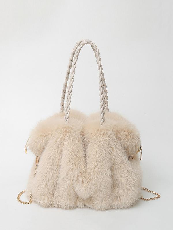 Womens Plush Faux Fur Tote Bag Braided Handle Chain Strap