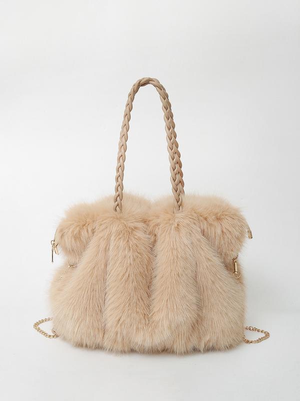 Womens Plush Faux Fur Tote Bag Braided Handle Chain Strap