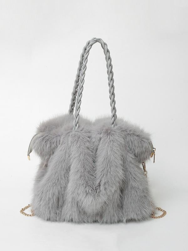 Womens Plush Faux Fur Tote Bag Braided Handle Chain Strap