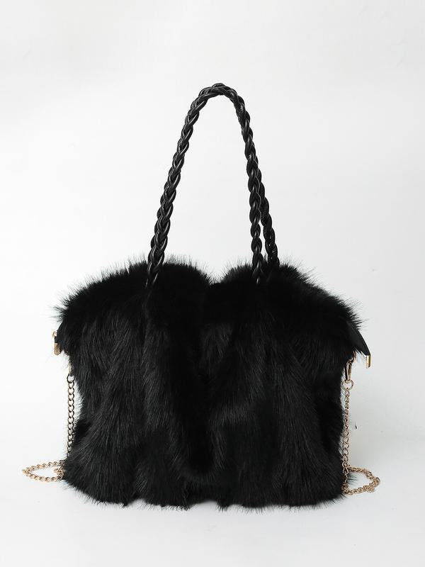 Womens Plush Faux Fur Tote Bag Braided Handle Chain Strap