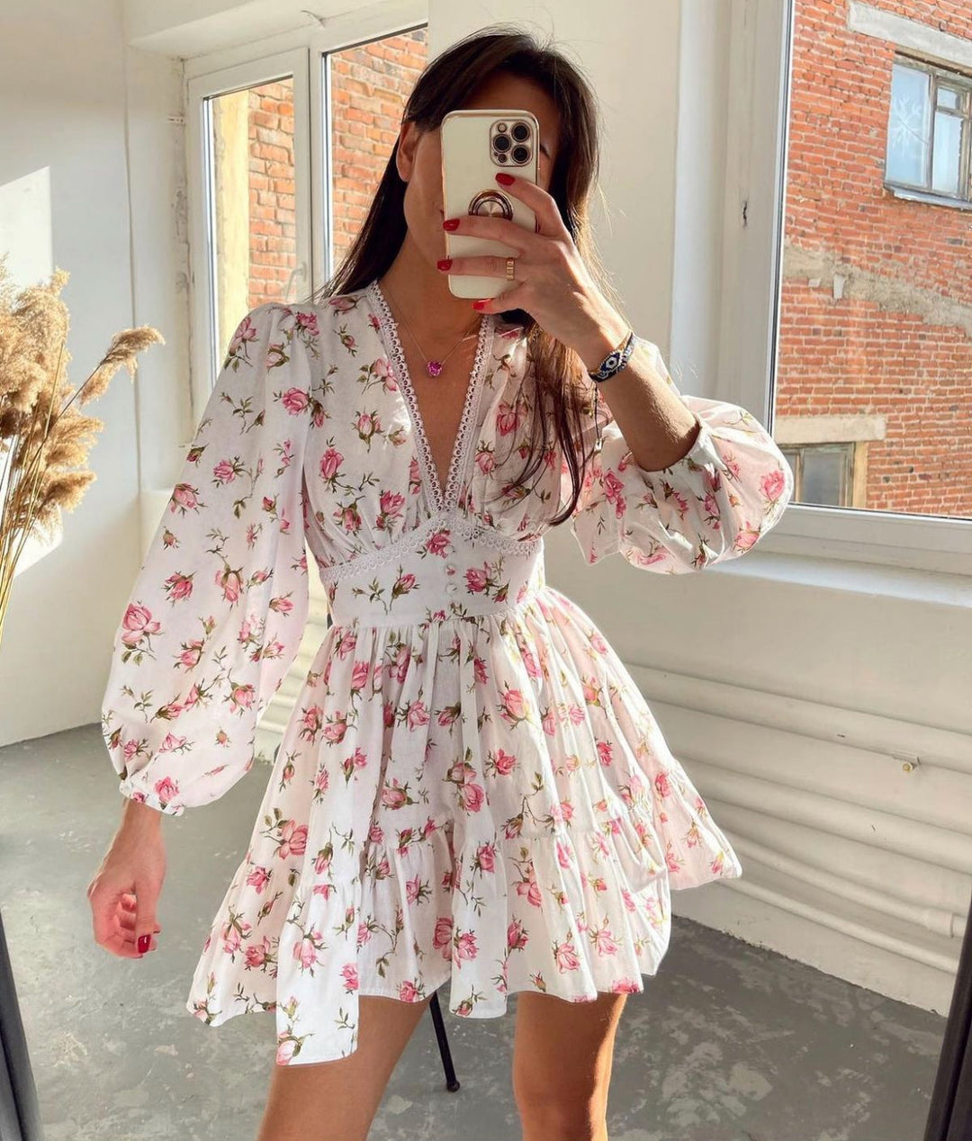 Womens Mini Dress Floral Pattern Long Puff Sleeves V-Neck - BritishMode
