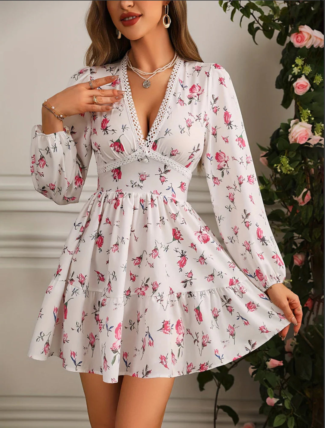 Womens Mini Dress Floral Pattern Long Puff Sleeves V-Neck
