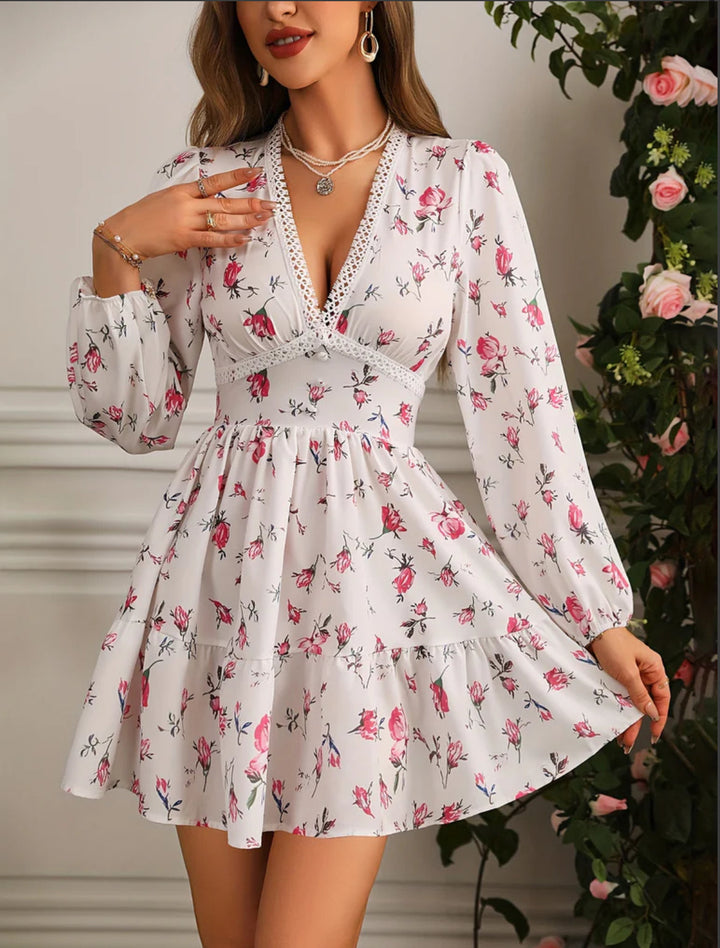 Womens Mini Dress Floral Pattern Long Puff Sleeves V-Neck