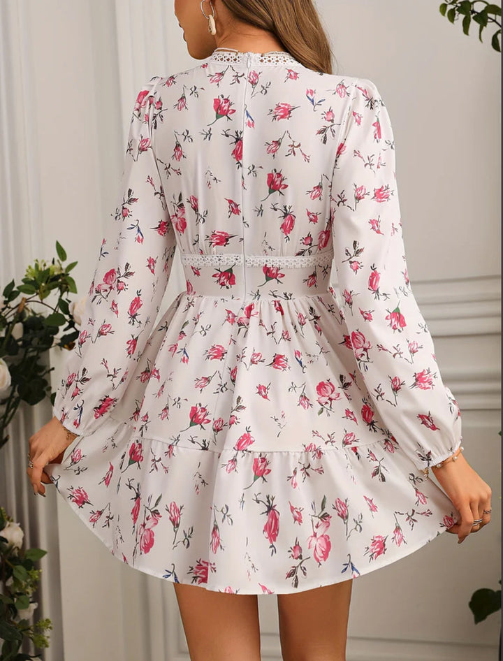 Womens Mini Dress Floral Pattern Long Puff Sleeves V-Neck