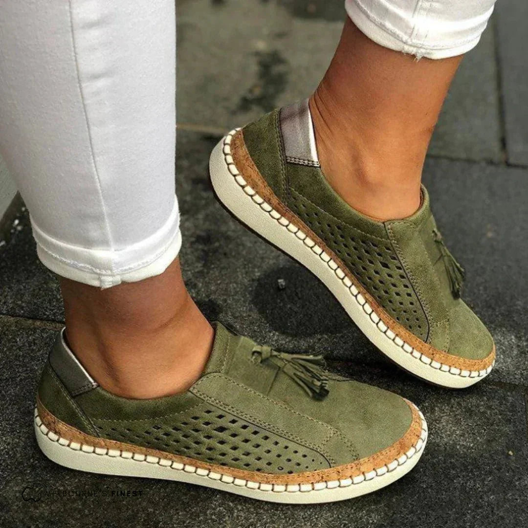 Womens Slip-On Loafers Perforated Leather Casual - BritishMode