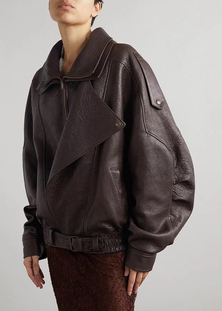 Womens Oversized Leather Bomber Jacket with Belted Waist and - BritishMode