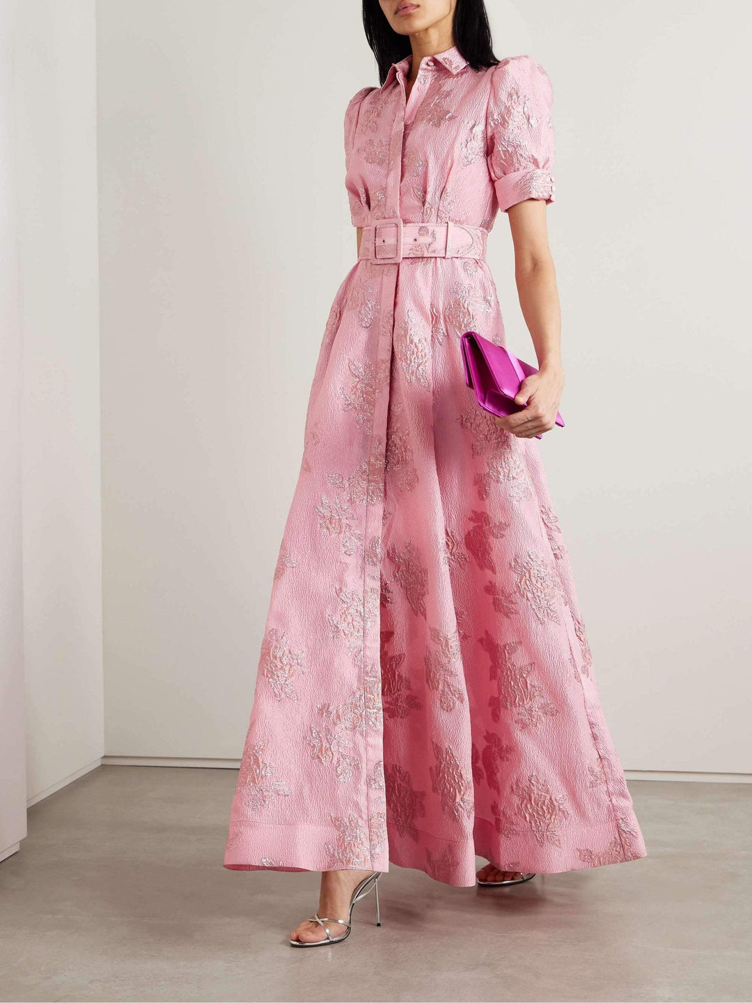 Womens Long Summer Dress with Waist Belt Floral Pattern