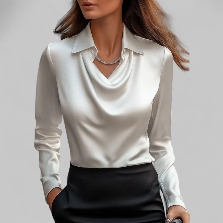 Womens Satin Blouse with Lace Point Collar and Cowl Neck Long Sleeve - BritishMode