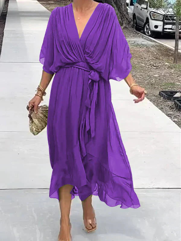 Womens Silk Dress V-Neck Elegant Fit
