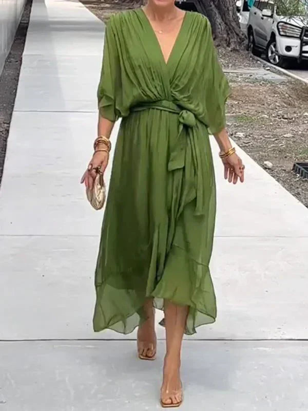 Womens Silk Dress V-Neck Elegant Fit - BritishMode