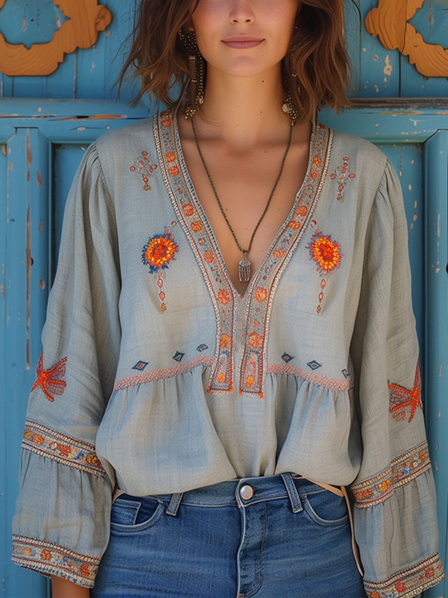 Womens Boho Blouse with Floral Embroidery V-Neck Bell Sleeve - BritishMode
