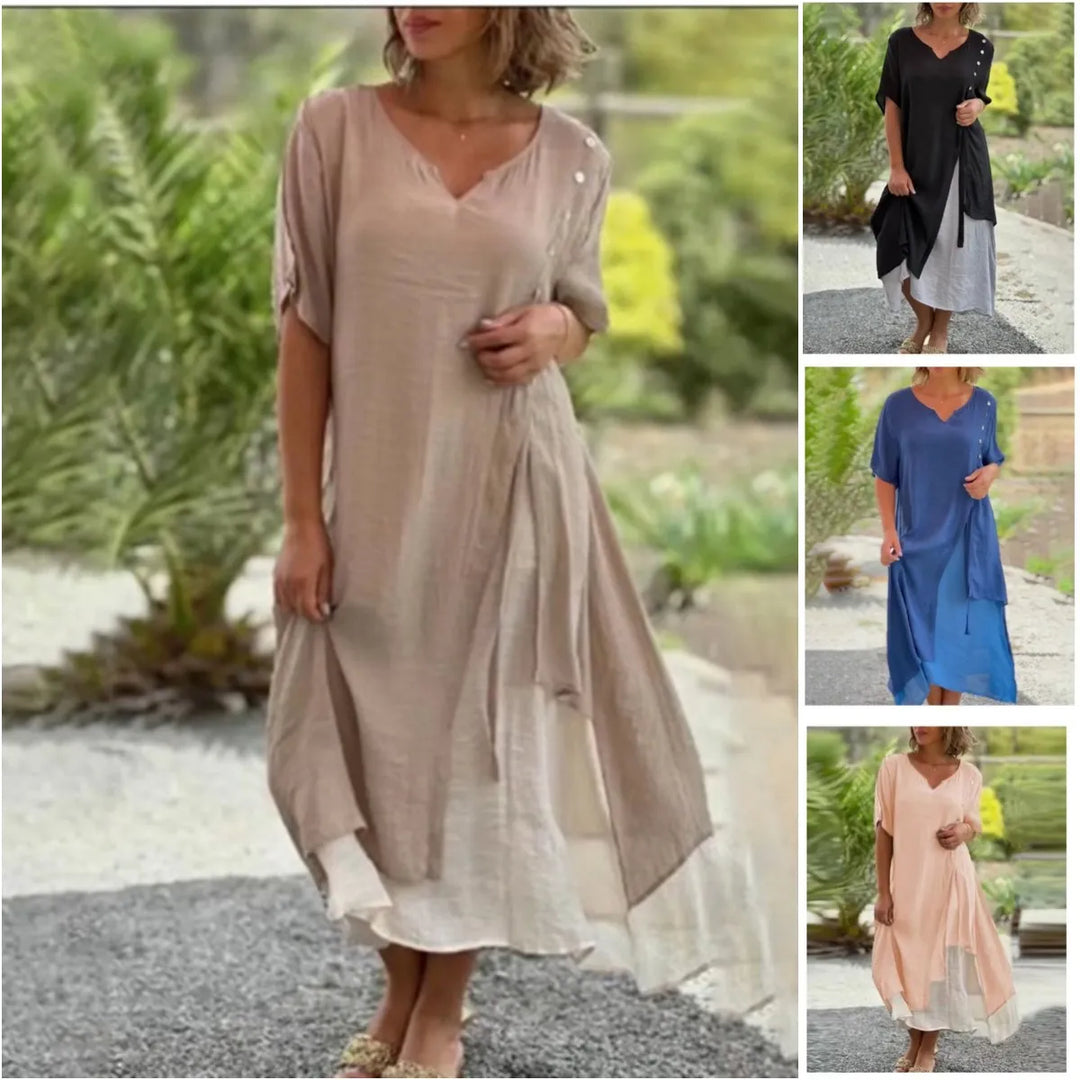 Womens Layered Midi Dress Short Sleeve V-Neck