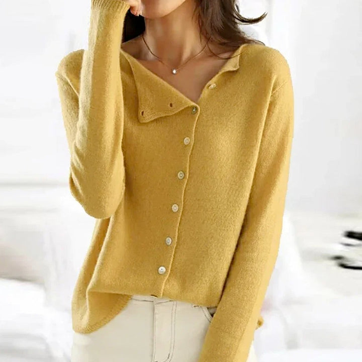 Womens Asymmetrical Button Sweater Soft Knit Relaxed Fit