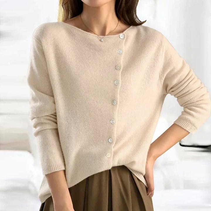 Womens Asymmetrical Button Sweater Soft Knit Relaxed Fit
