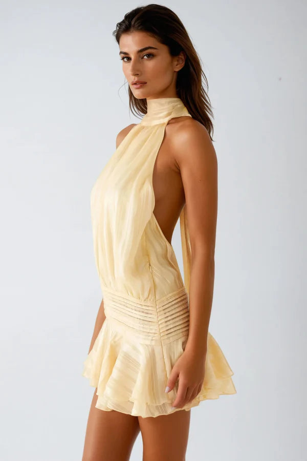Womens Halter Neck Mini Dress with Ruffled Hem and Tie Back