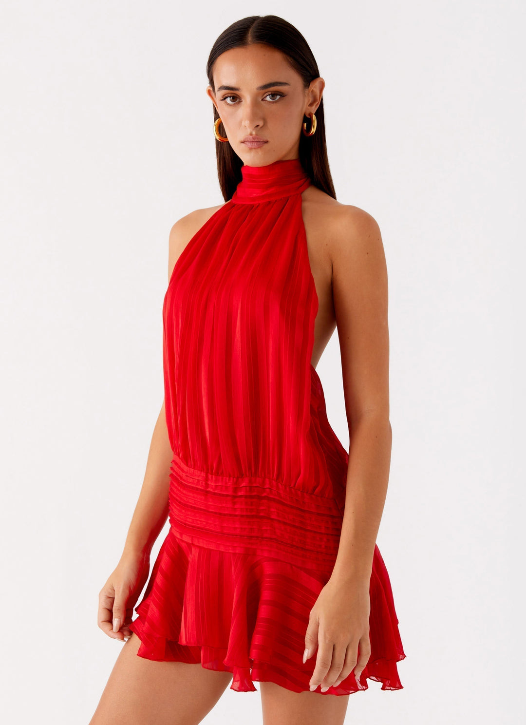 Womens Halter Neck Mini Dress with Ruffled Hem and Tie Back