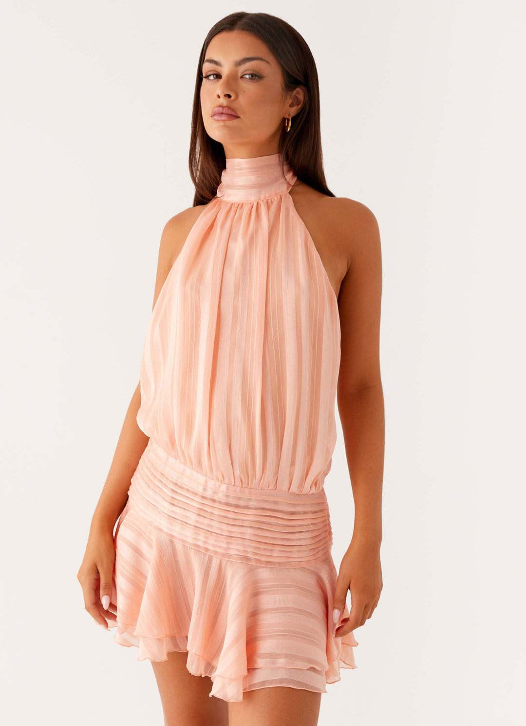 Womens Halter Neck Mini Dress with Ruffled Hem and Tie Back