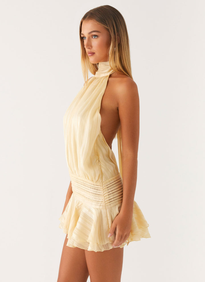 Womens Halter Neck Mini Dress with Ruffled Hem and Tie Back