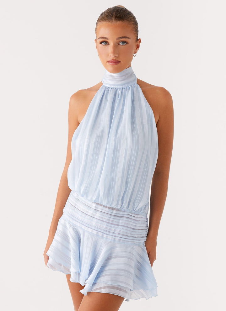 Womens Halter Neck Mini Dress with Ruffled Hem and Tie Back