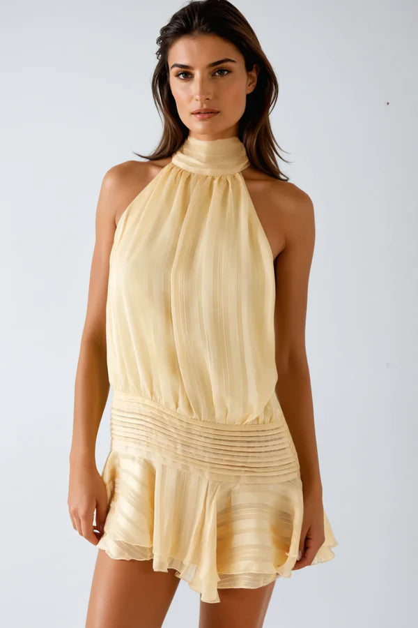 Womens Halter Neck Mini Dress with Ruffled Hem and Tie Back