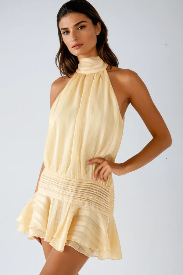Womens Halter Neck Mini Dress with Ruffled Hem and Tie Back