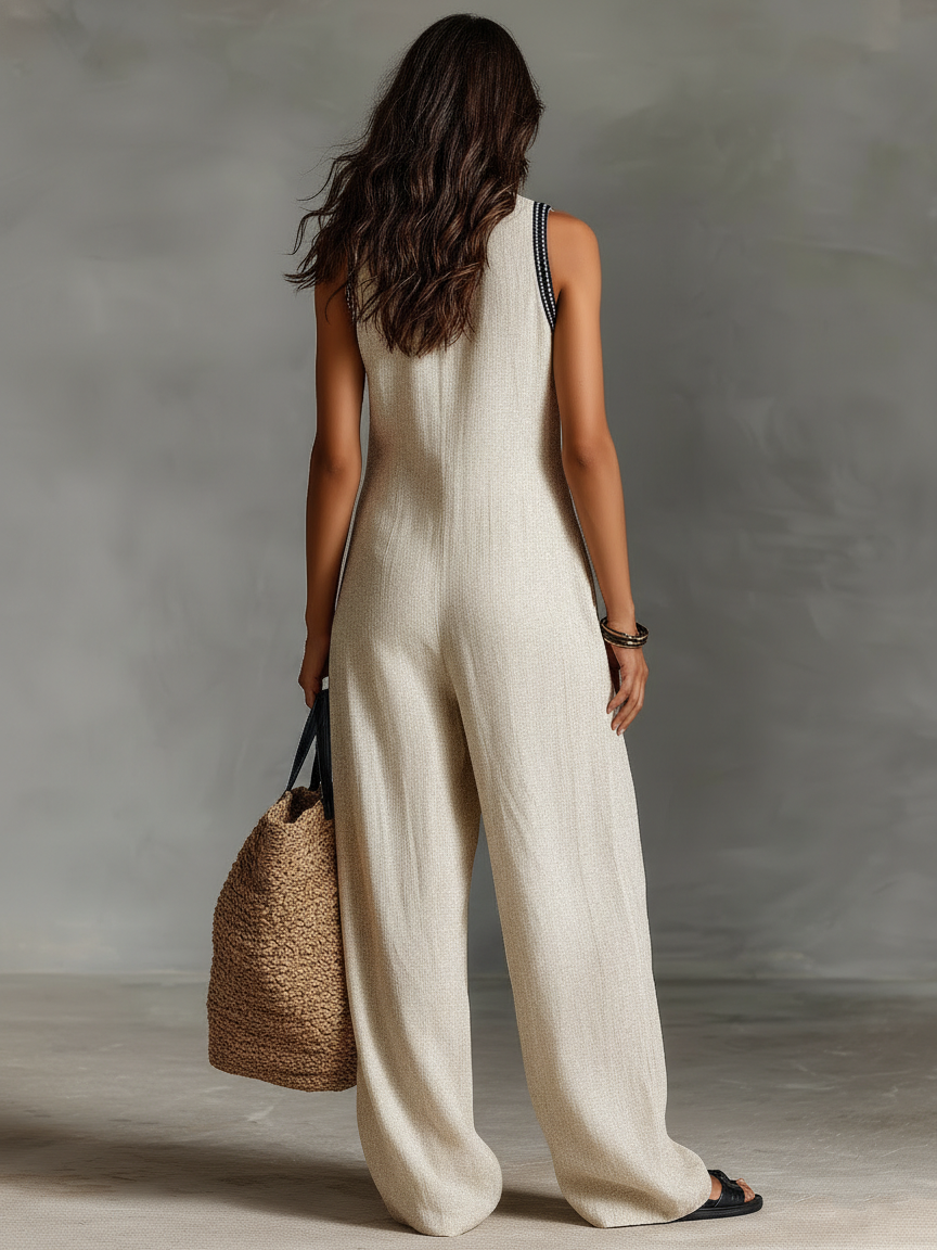 Womens Sleeveless Jumpsuit with Embroidered Neckline Wide Leg - BritishMode