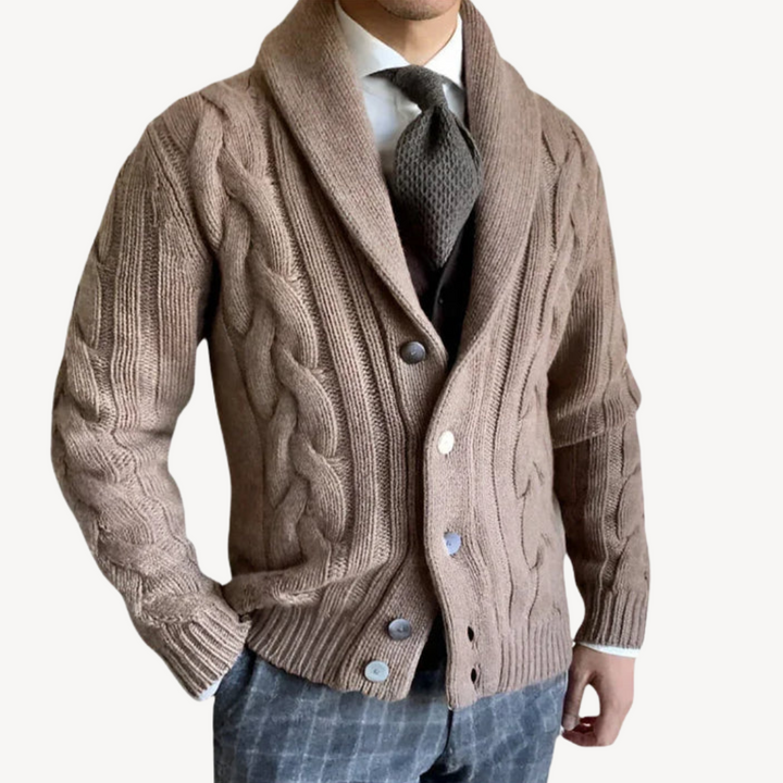 Mens Cable Knit Cardigan with Shawl Collar