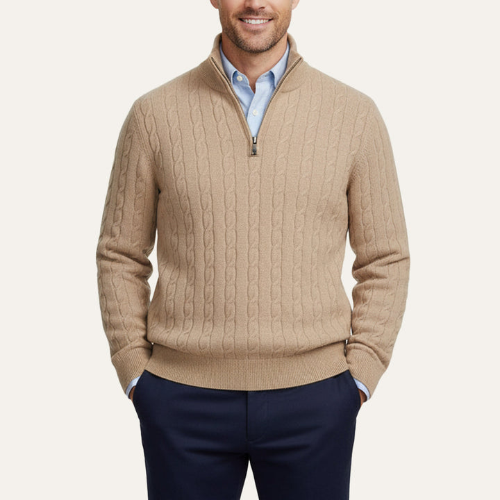 Mens Cable Knit Pullover Quarter Zip Wool Blend
