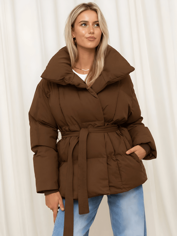 Womens Puffer Coat with Belt Insulated Warm Fit
