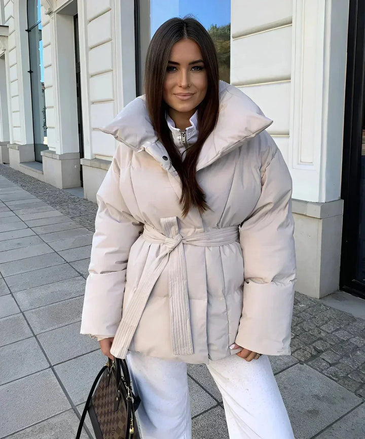 Womens Puffer Coat with Belt Insulated Warm Fit