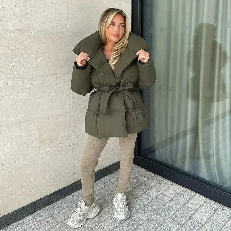 Womens Puffer Coat with Belt Insulated Warm Fit