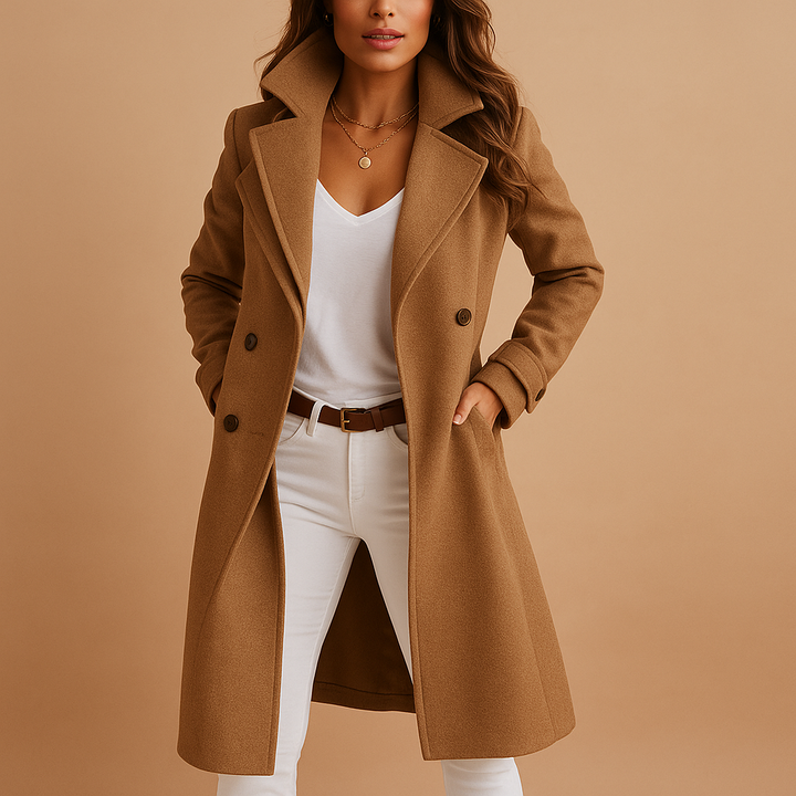 Womens Long Tailored Coat with Buttons Elegant Overcoat