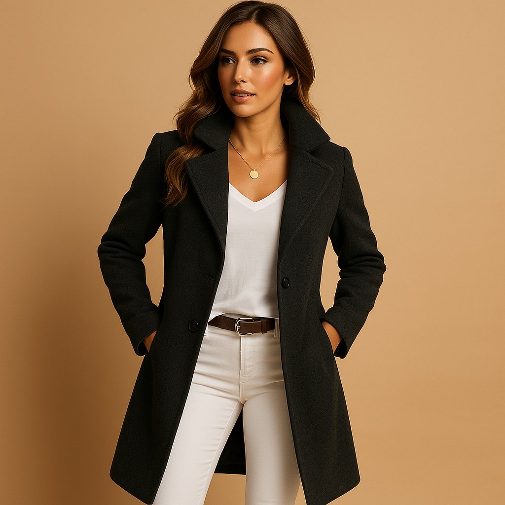 Womens Long Tailored Coat with Buttons Elegant Overcoat