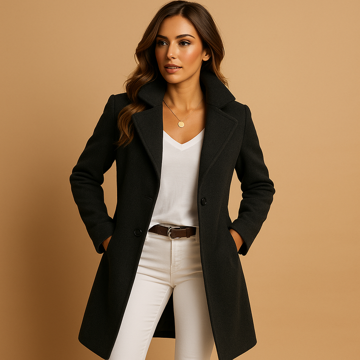 Womens Long Tailored Coat with Buttons Elegant Overcoat
