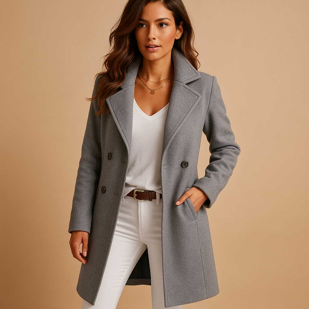 Womens Long Coat Double-Breasted Wool Blend Classic Fit - BritishMode