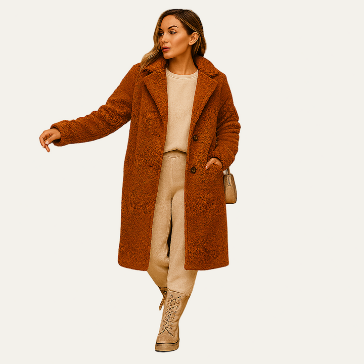 Womens Mid-Length Teddy Coat with Button Closure
