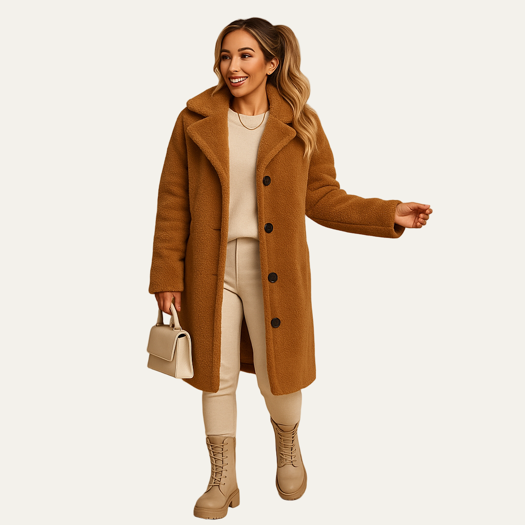Womens Mid-Length Teddy Coat with Button Closure