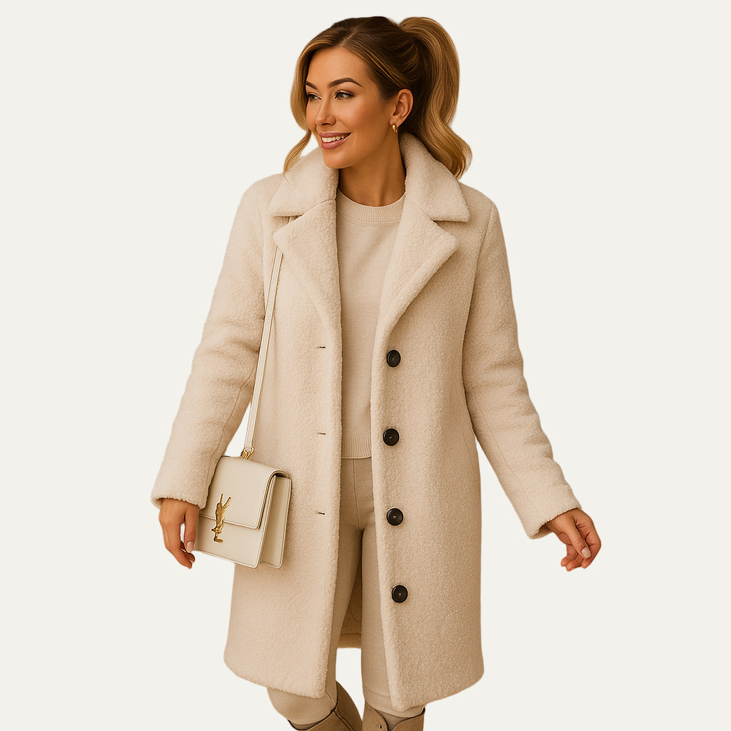 Womens Mid-Length Teddy Coat with Button Closure - BritishMode