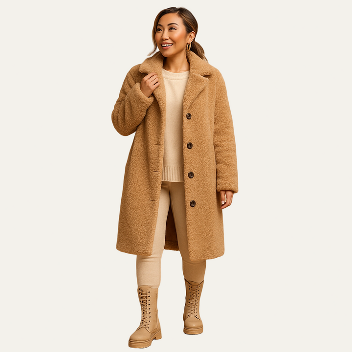 Womens Mid-Length Teddy Coat with Button Closure