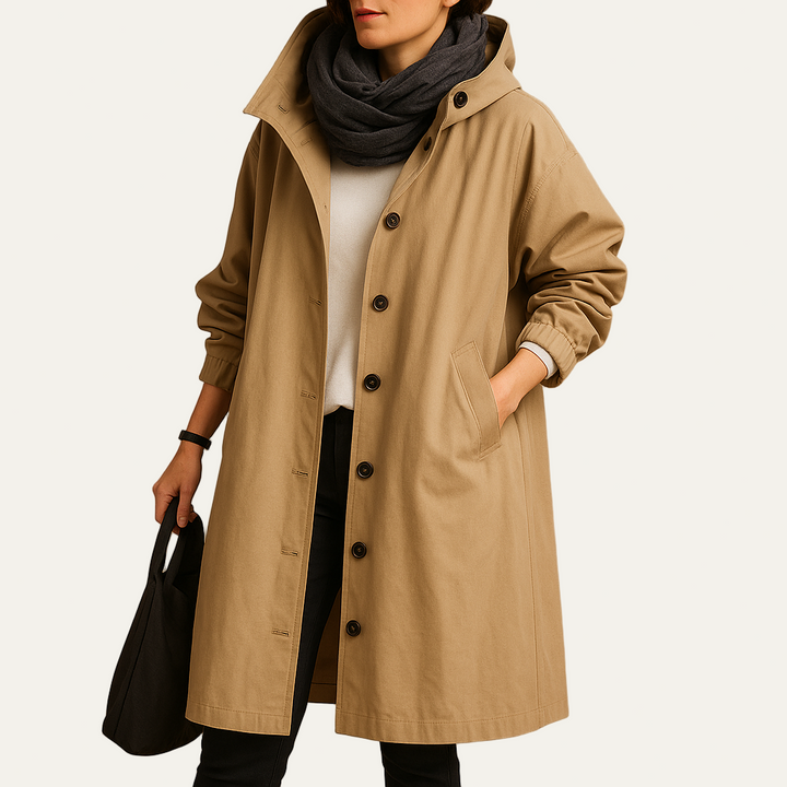 Womens Mid-Length Parka with Hood and Funnel Neck