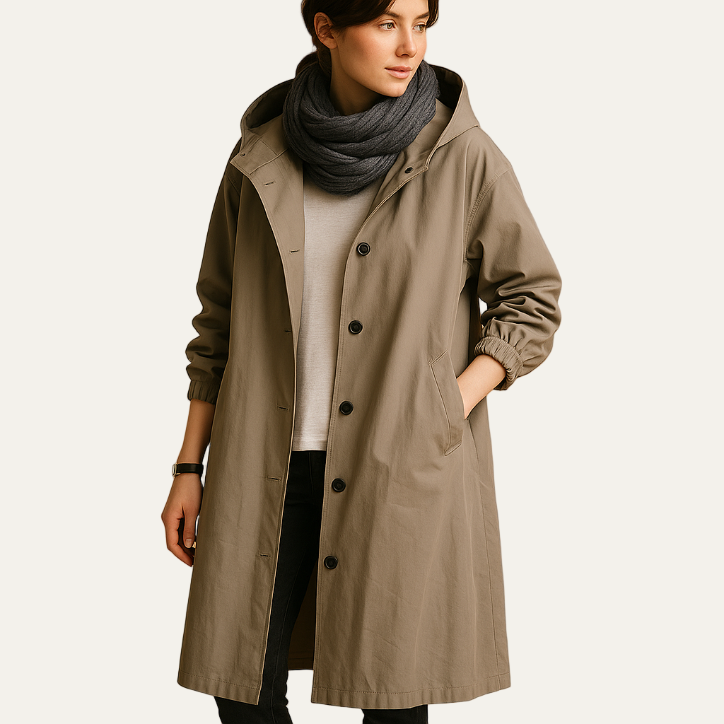 Womens Mid-Length Parka with Hood and Funnel Neck