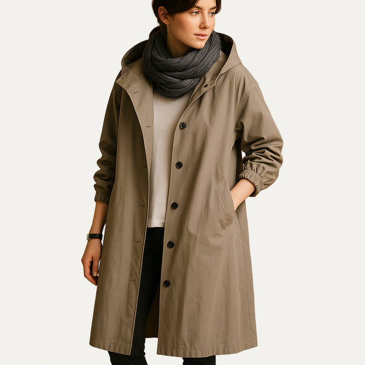 Womens Mid-Length Parka with Hood and Funnel Neck